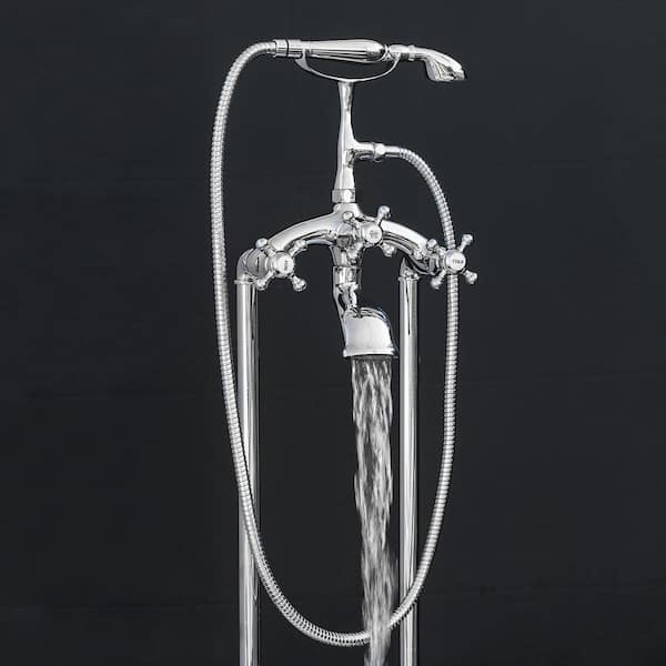 3-Handle Freestanding Floor Mount Claw Foot Tub Faucet Bathtub Filler with Telephone Hand Shower in Chrome
