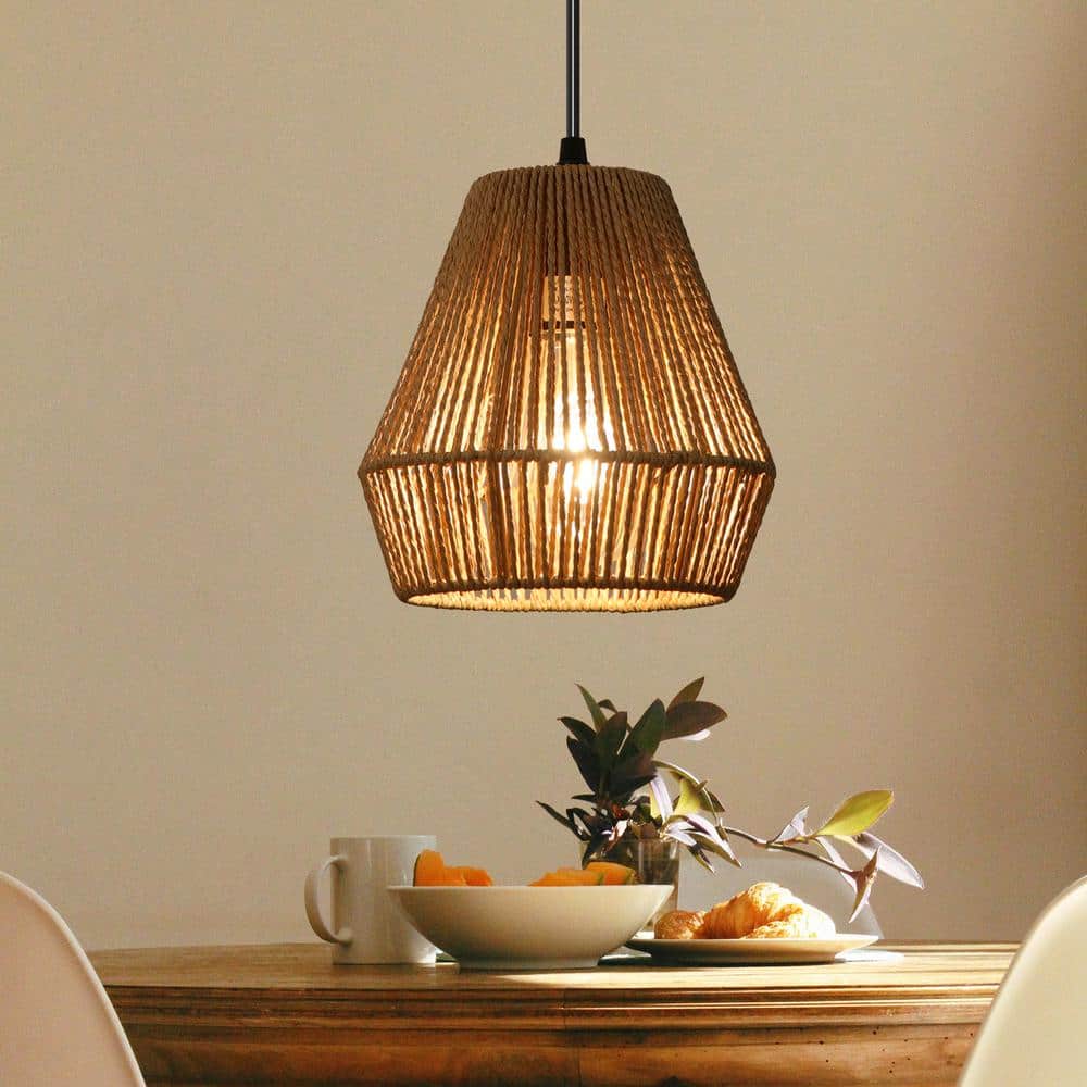 Adjustable Natural Rattan and Wood Pendant Light Set