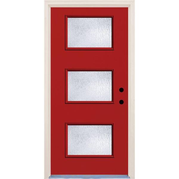 Builders Choice 36 in. x 80 in. Engine Left-Hand 3 Lite Rain Glass Painted Fiberglass Prehung Front Door with Brickmould