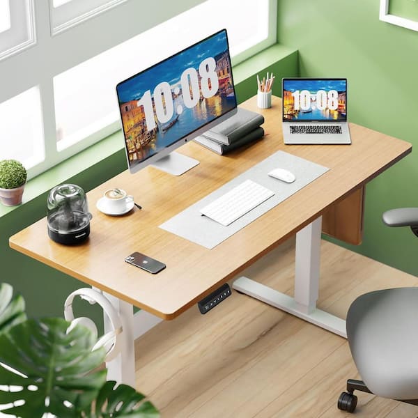 55 x 24 in. Electric Oak Adjustable Height Rising Standing Desk with Splice Board, 2 Hook and Wire Hole