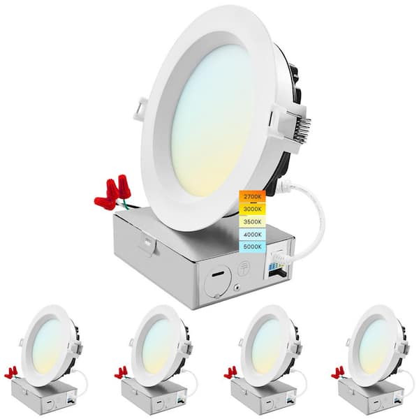 LUXRITE 5 in. Canless w/J-Box 18W 5CCT Selectable 1600LM Remodel IC Rated Integrated LED Recessed Light Kit Wet Rated (4-Pack)