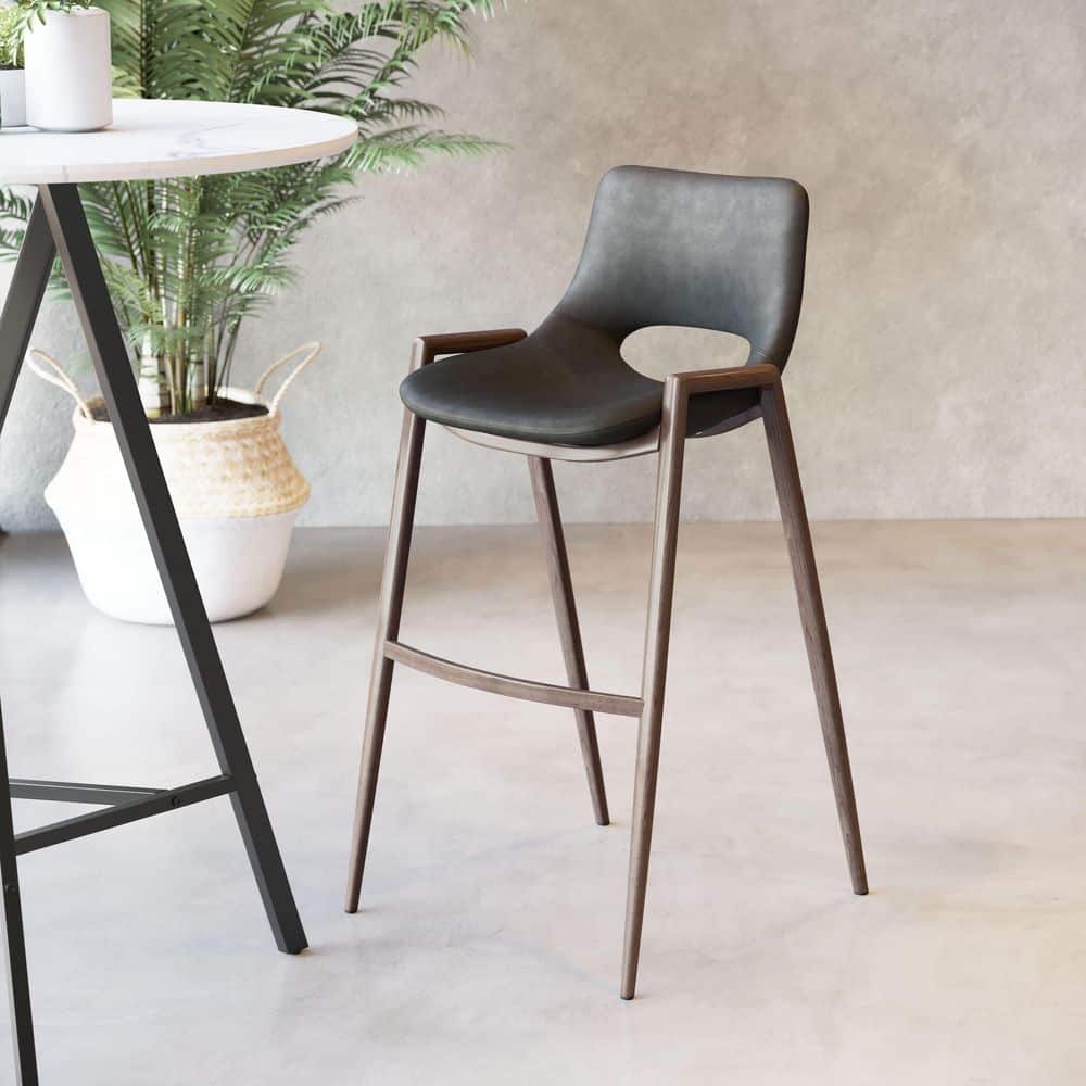 Black Faux Leather and Wood Bar Stool