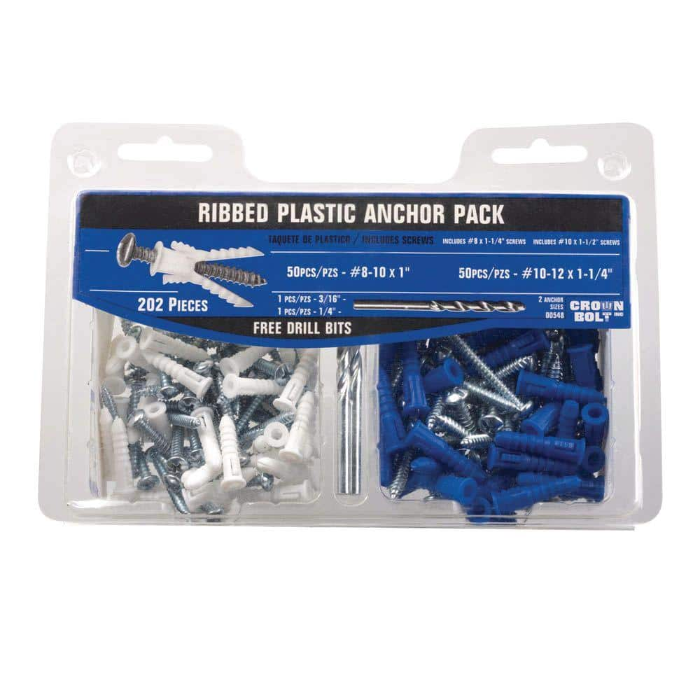 Everbilt 8 10 White And 10 12 Blue Ribbed Plastic Anchor Pack With Screws 202 Piece Ex Tremes 