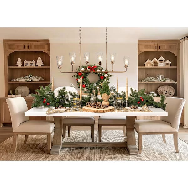 54 in. W Modern Island Chandelier 6-Light Plating Brass Linear High Ceiling Light with Bell Textured Glass Shades