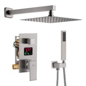 10 in. Wall Mount 2-Spray 1.8GPM Fixed Dual Shower Head with Handheld and Water Temperature Display in Brushed Nickel