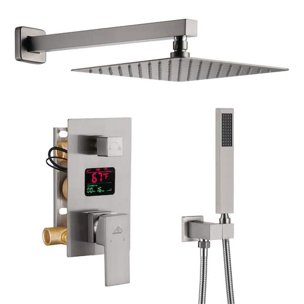 Mondawe 10 in. Wall Mount 2-Spray 1.8GPM Fixed Dual Shower Head with Handheld and Water Temperature Display in Brushed Nickel