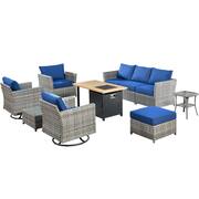 Eufaula Gray 10-Piece Wicker Outdoor Patio Conversation Sofa Set with a Storage Shelf Fire Pit and Navy Blue Cushions