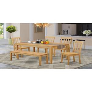 6-Piece Rectangle Natural Oak Finish Solid Wood Top Dining Table with 1 Bench, 4 Chairs with Lattice Back