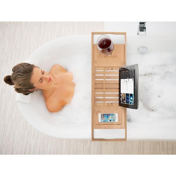 Bathtub Side Tray with Adjustable Height, Foldable Bamboo Bath