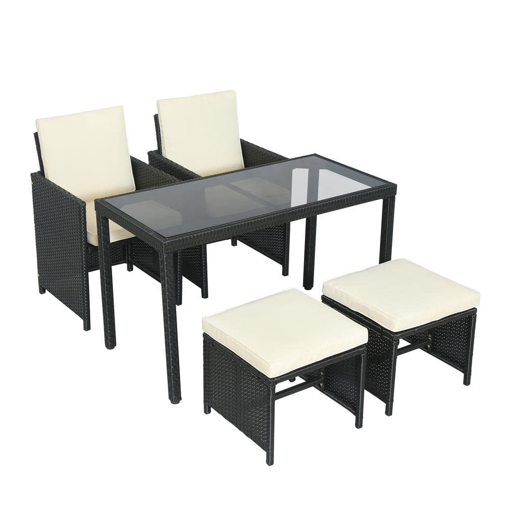 5-Piece Wicker Rattan Outdoor Patio Furniture Set with Beige Cushions