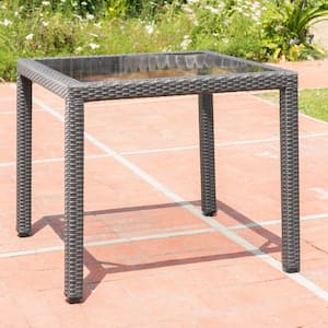 Everett Grey Square Faux Rattan Outdoor Dining Table with Glass Top