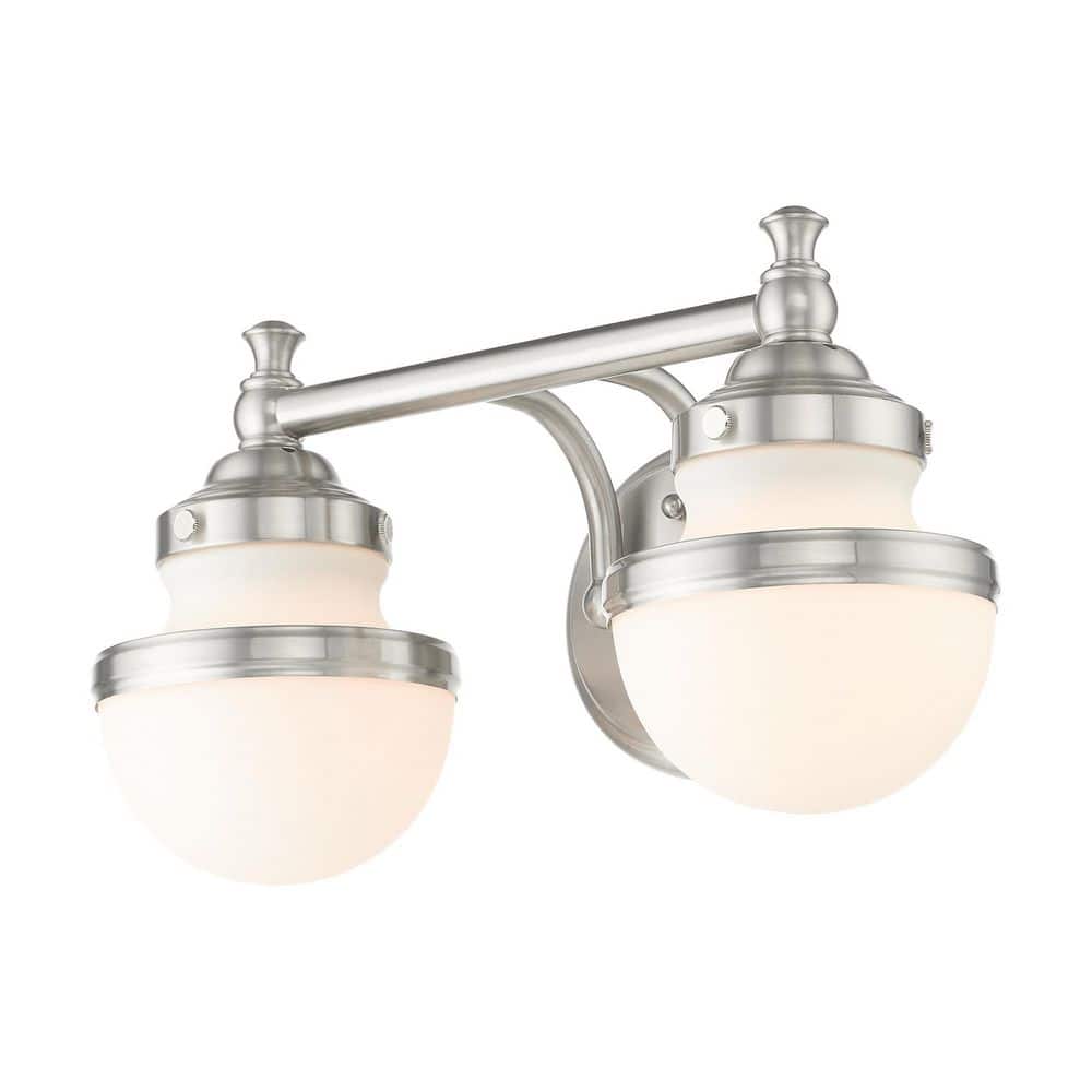 Sleek Industrial Brushed Nickel 2-Light Vanity with Satin Opal White Glass