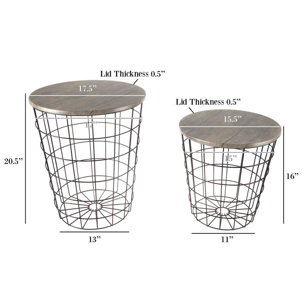 Gray Round Wood and Metal Nesting End Tables with Storage