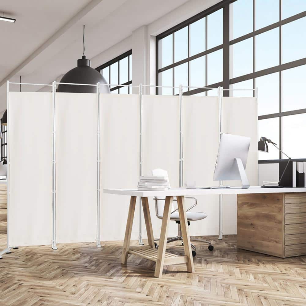 White 6-Panel Folding Privacy Screen with Metal Frame