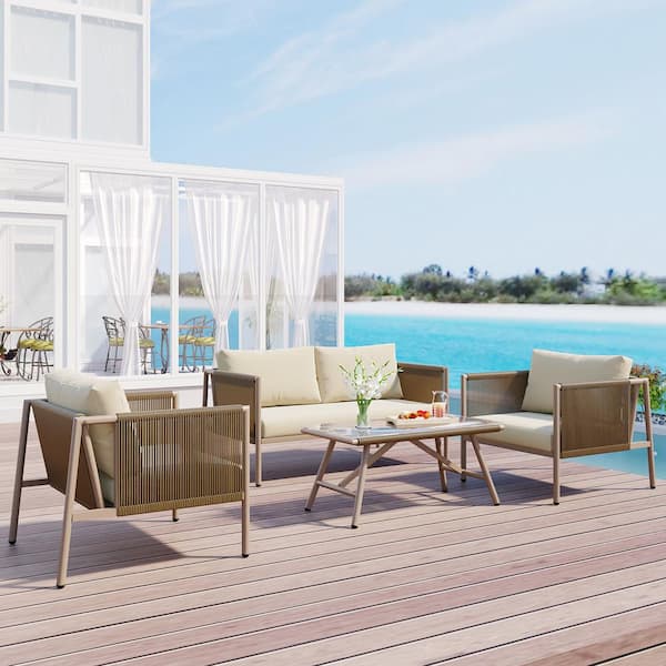 Unbranded 4-Piece All-Weather Hand-woven Wicker Patio Conversation Set with Beige Cushions and Toughened Glass Table