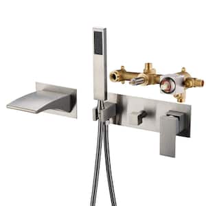 Modern Single-Handle Wall Mounted Roman Tub Faucet with Hand Shower in Brushed Nickel