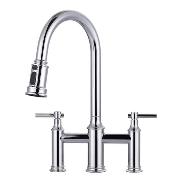 Double Handle Bridge Kitchen Faucet with 3-Spray Patterns and 360° Rotation Spout in Polished Chrome