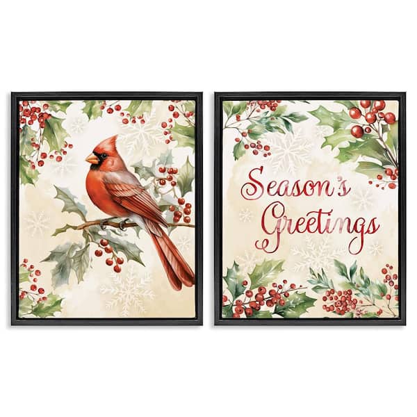 Season's Greetings and Cardinal by Nicole DeCamp 2-Piece Black Floater Frame Graphic Animal Art Print 31 in. x 25 in.
