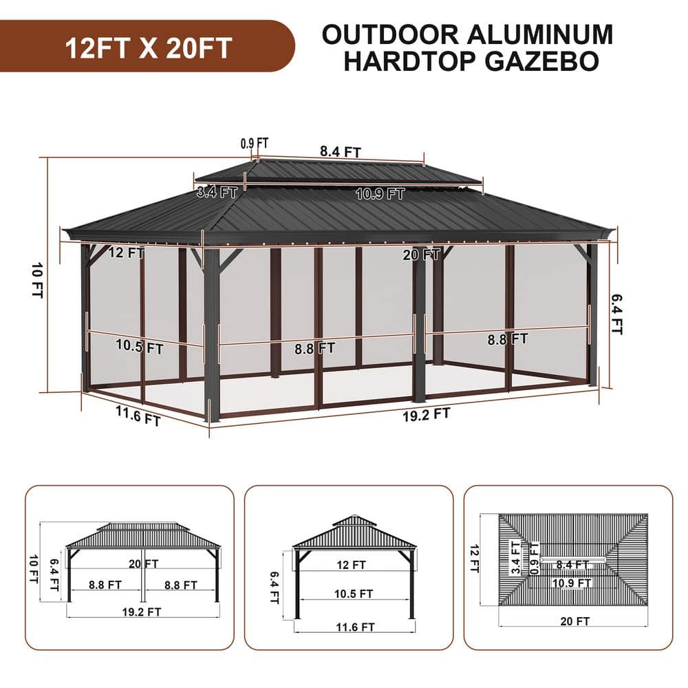20 ft Black Aluminum Patio Gazebo with Steel Roof