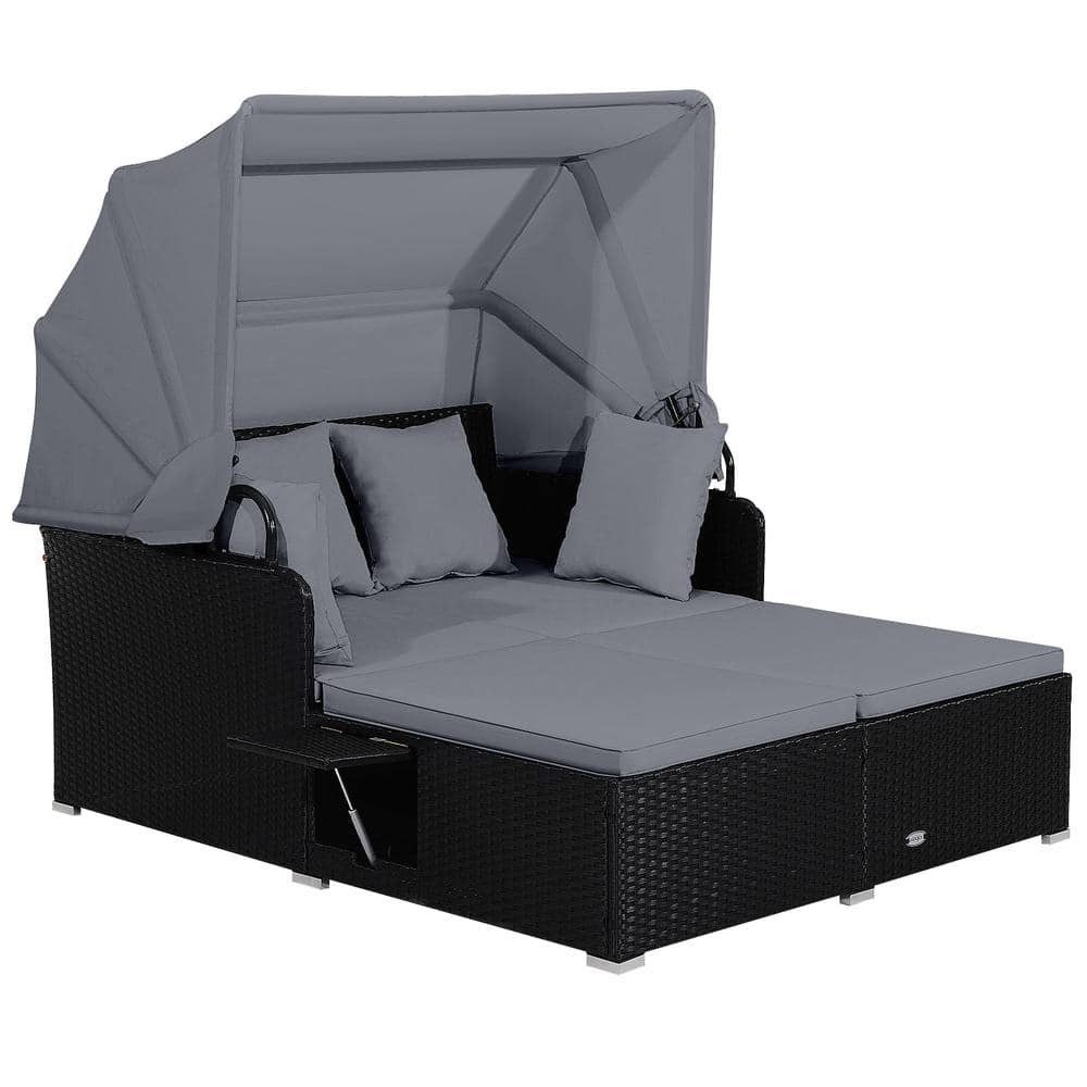Gymax Gray Wicker Outdoor Day Bed Lounge with Retractable Top Canopy Side Tables Cushions GYM13756
