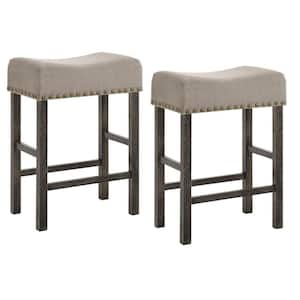Beige and Gray Wooden Counter Height Stool 26.3 in. with Linen Upholstered Saddle Seat (Set of 2)