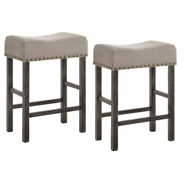 Benjara Beige and Gray Wooden Counter Height Stool 26.3 in. with Linen Upholstered Saddle Seat (Set of 2)