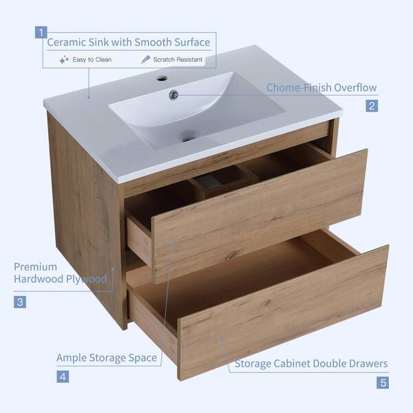 Modern 30 in. W X 18 in. D x 20 in. H Bath Vanity in Imitative Oak with  White Ceramic Vanity Top