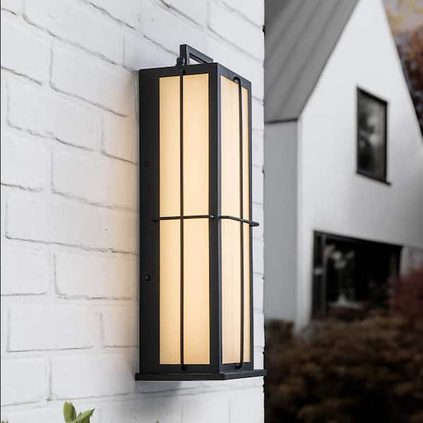 Modern Black Wall Lantern Outdoor Sconce 16 in. Dusk to Dawn Hardwired with Integrated LED and Frosted Panels for Porch
