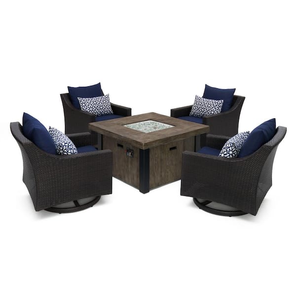 Deco 5-Piece Wicker Motion Patio Fire Pit Conversation Set with Sunbrella Navy Blue Cushions