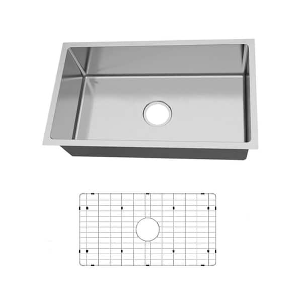 SINKDIRECT 31 in. Single Bowl 18-Gauge Stainless Steel Small Radius Undermount Kitchen Sink with Bottom Grid