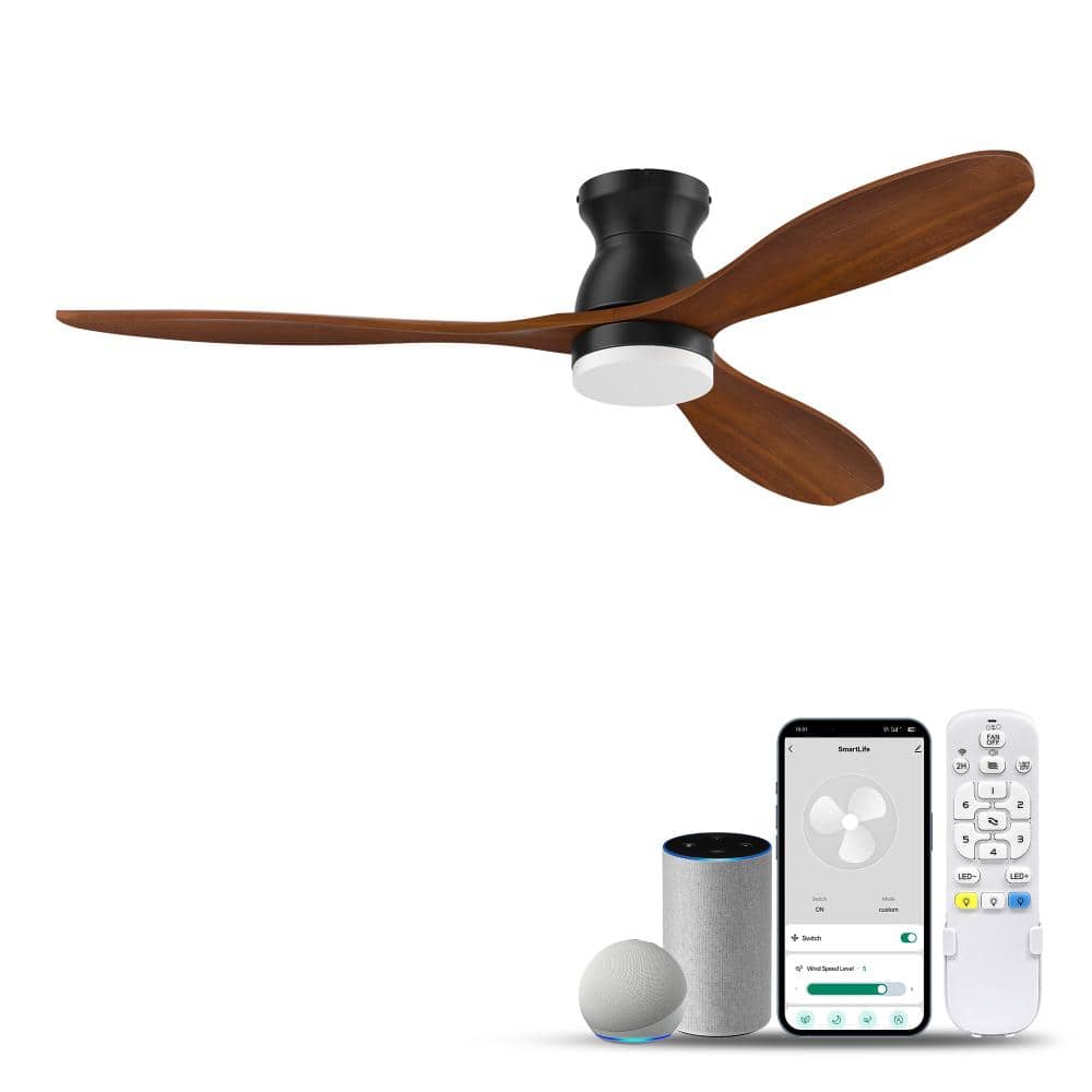 52 Inch Black Smart Solid Wood Brown Multi Control 3 Blades Flush Mount Standard Ceiling Fan with LED Light price history on PriceWatchPro