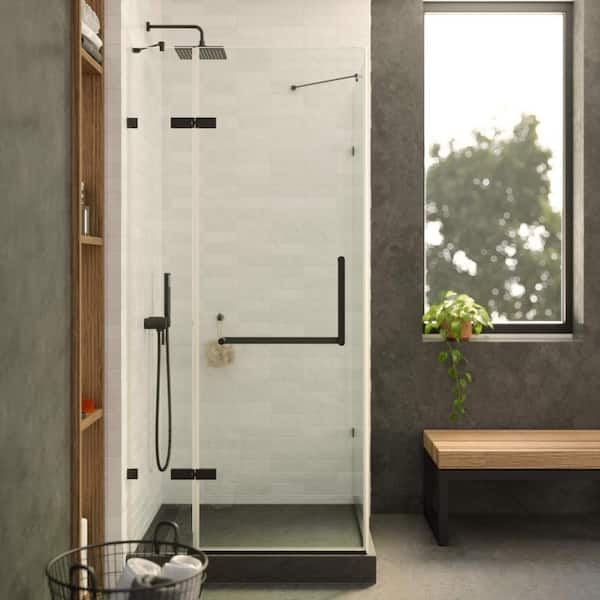FINE FIXTURES 42 in. W x 74.25 in. H Fixed Frameless Corner Shower Enclosure in Black