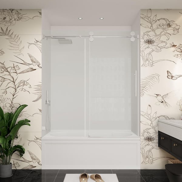 YINVANI 60 in. W x 66 in. H Single Sliding Frameless Bypass Bathroom Tub Door in Chrome with Easy-Clean 3/8 in. Glass