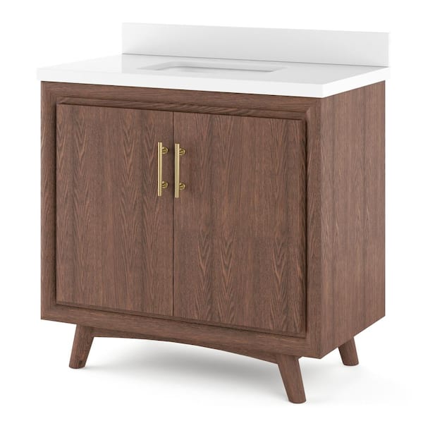 Thomasville Preston 36 in. W x 20 in. D Bath Vanity in Brown Oak with Quartz Stone Vanity Top in White with White Basin