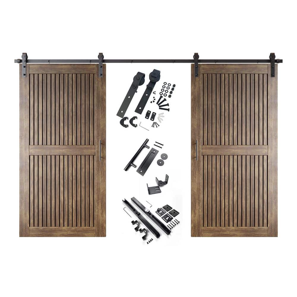 ST 32 in. x 80 in. C-Panel Dark Walnut Vertical Stripe Design Double Pine Wood Sliding Barn Door with Hardware Kit price history on PriceWatchPro