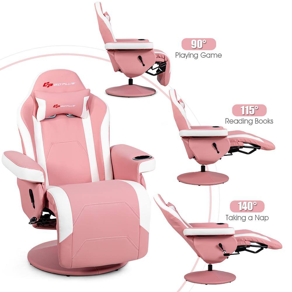 Pink and White PU Leather Reclining Gaming Chair with Footrest