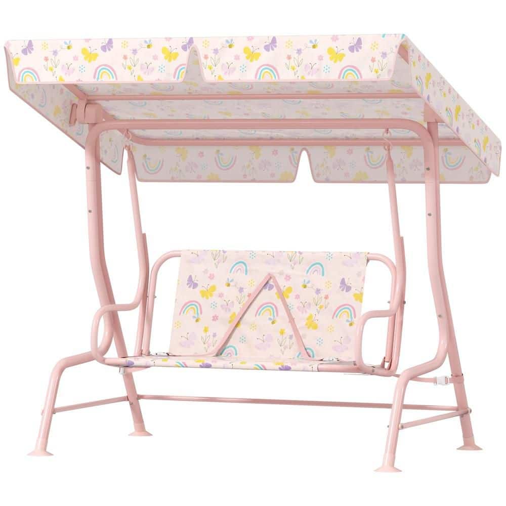 2-Seat Alloy Steel Metal Patio Swing with Adjustable Canopy, Safety Belt for Patio, Garden, Poolside, Balcony, Pink