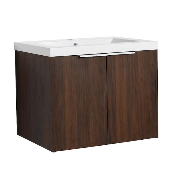 ARTCHIRLY 24 in. W x 18 in. D x 19 in. H in Dark Brown Floating Bathroom Vanity with Glossy White Resin Basin Top