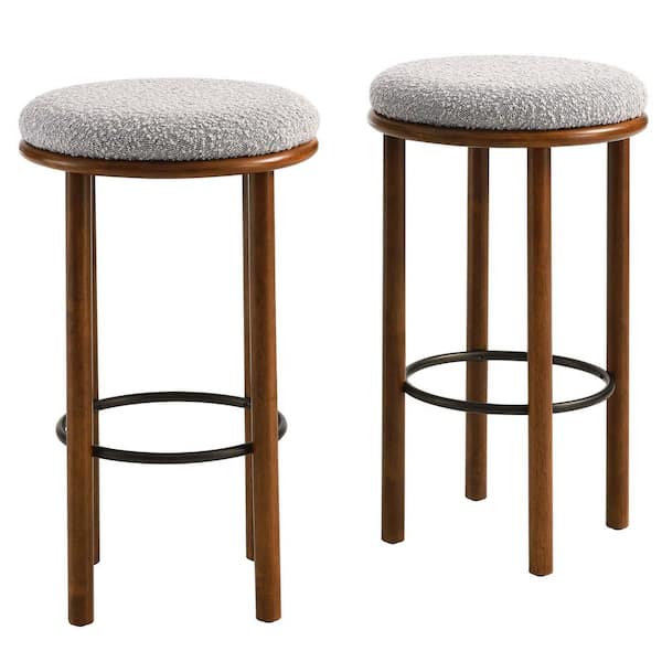 Fable 29.9 in Walnut Taupe Backless Wood Bar Stool with Upholstery Set of 2