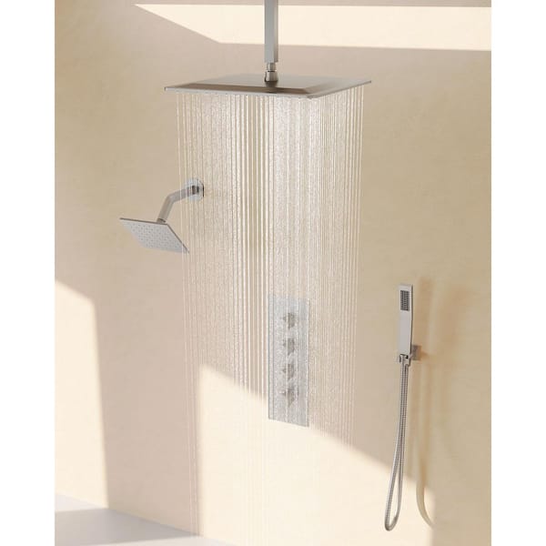 16 and 6 in. Thermostatic 7-Spray Ceiling Mount Dual Fixed and Handheld Shower Head 1.8 GPM in Brushed Nickel with Valve