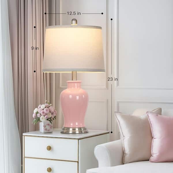 Bedside 23 in. Pink Ceramic Table Lamps Set with Drum Shade and Rotary Switch (Set of 2)