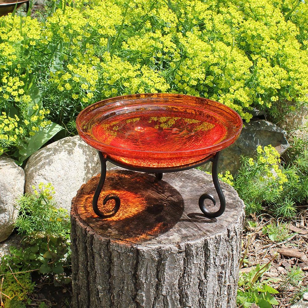 Mandarin Orange Crackle Glass Birdbath with Wrought Iron Stand