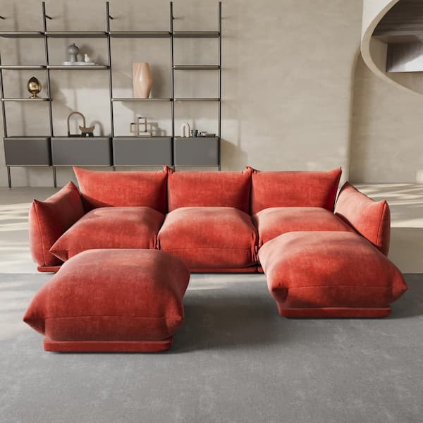 Magic Home 104 in. Flared Arm 5-Piece Chenille 3 Seater Modular Minimalist Convertible Sectional Sofa with 2 Ottomans in. Orange
