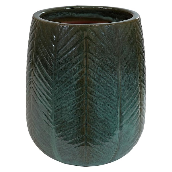 Sunnydaze 14 in. (35.6 cm) Chevron Pattern Ceramic Planter - Dark Olive