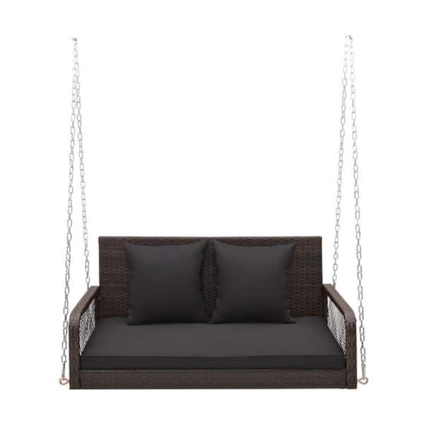 2-Person Outdoor Wicker Porch Swing with Black Cushions
