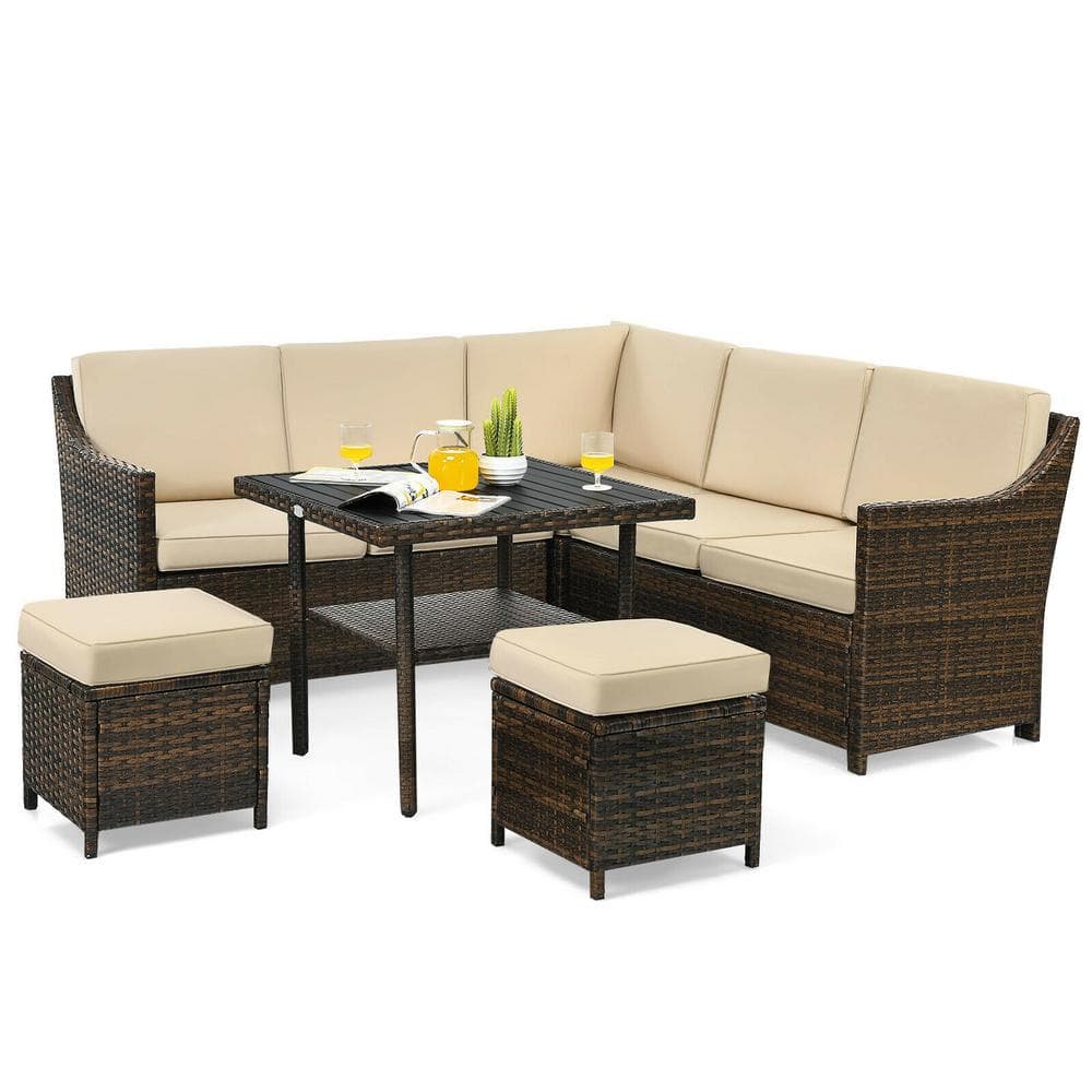 FORCLOVER 6-Pieces Rattan Patio Dining Sofa Furniture Set with Dining ...