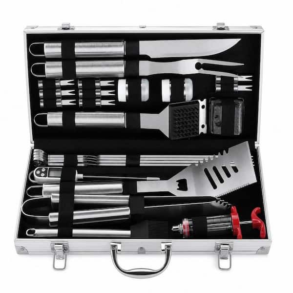 24-Piece BBQ Grill Tools Set w/ Meat Thermometer and Injector, Extra Thick Stainless Steel Fork Spatula and Tongs Silver