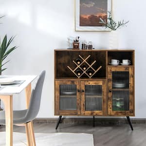 Brown Buffet Sideboard Kitchen Storage Cupboard with Glass Door and Adjustable Shelves