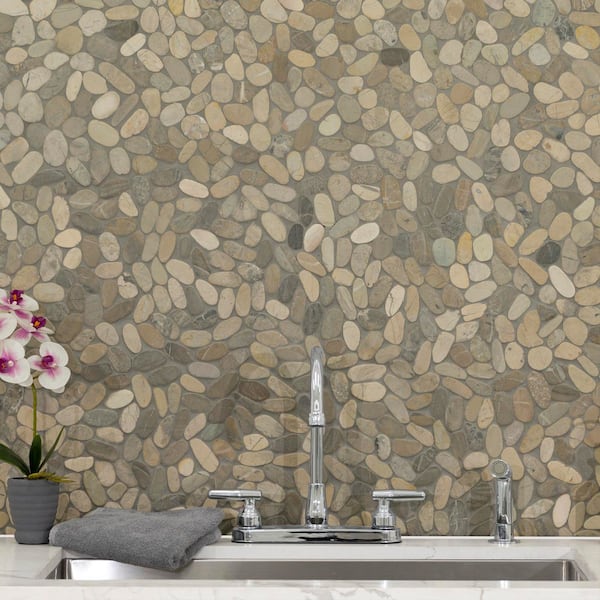 Sliced Pebble Truffle 12 in. x 12 in. x 0.38 in. Tumbled Marble Mesh-Mounted Mosaic Tile (0.97 sq. ft./each)
