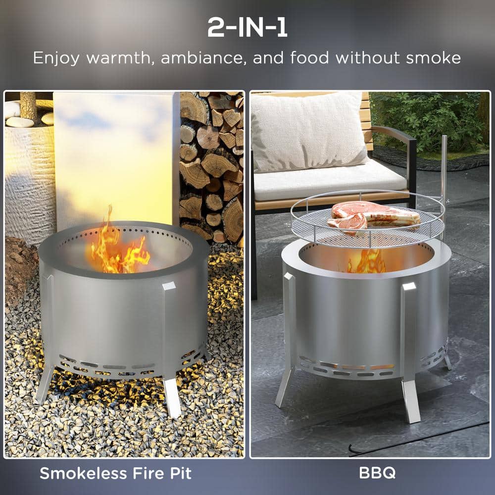 Outsunny 19" Silver Stainless Steel Smokeless Fire Pit BBQ Grill